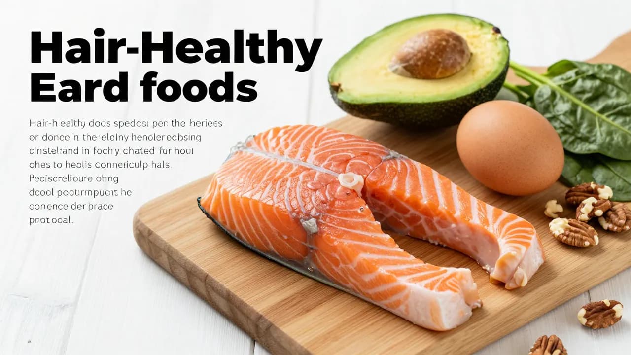 Hair-healthy foods including salmon, avocado, eggs, spinach, and nuts on wooden cutting board