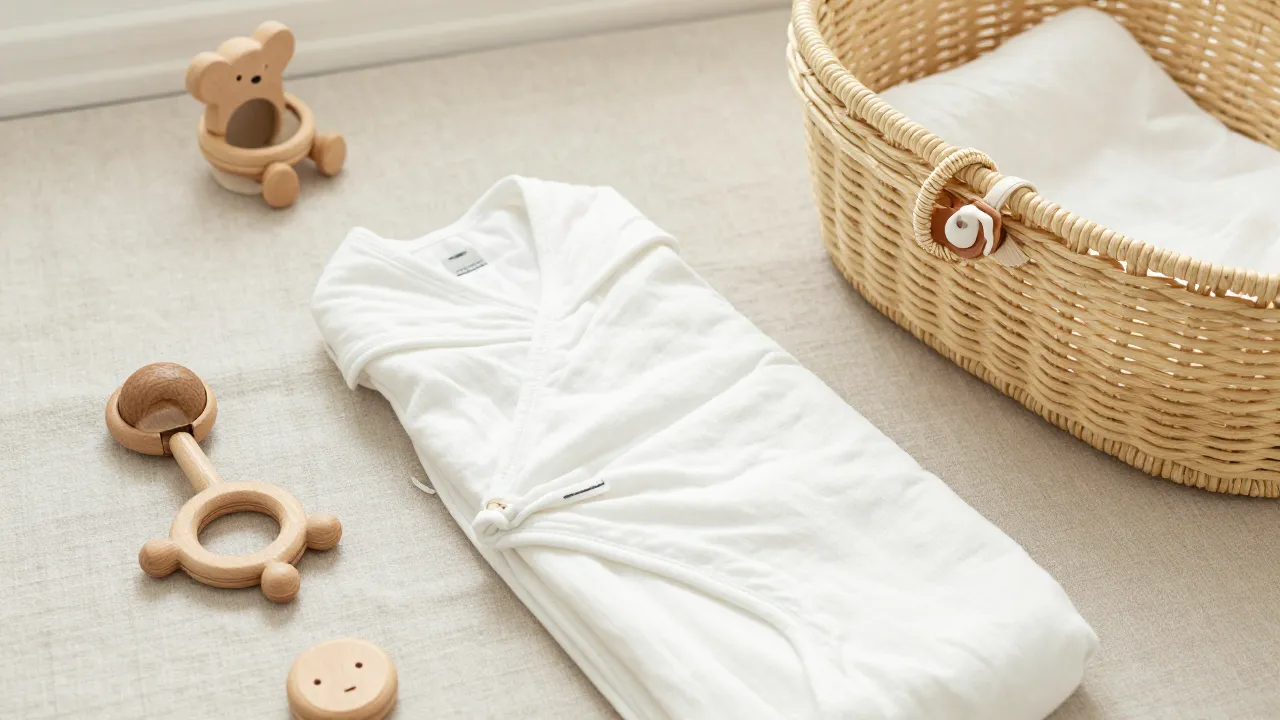 Gender-neutral nursery essentials including organic cotton swaddles, wooden toys, and rattan basket