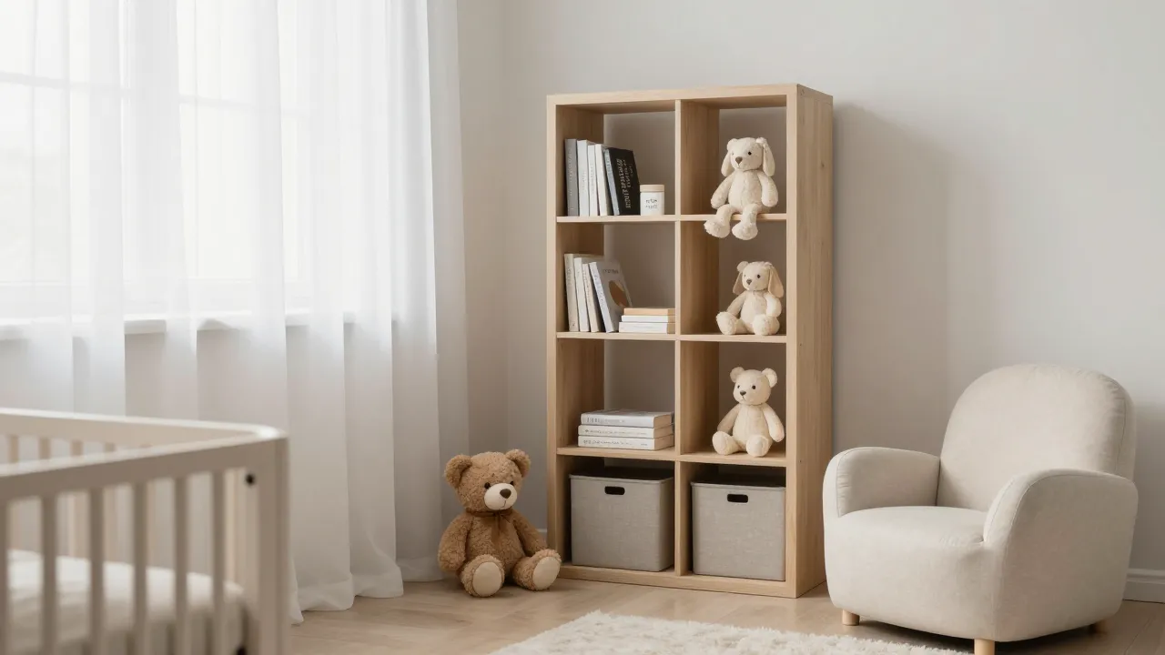 Minimalist nursery corner with neutral bookshelf, plush animals, and comfortable nursing chair