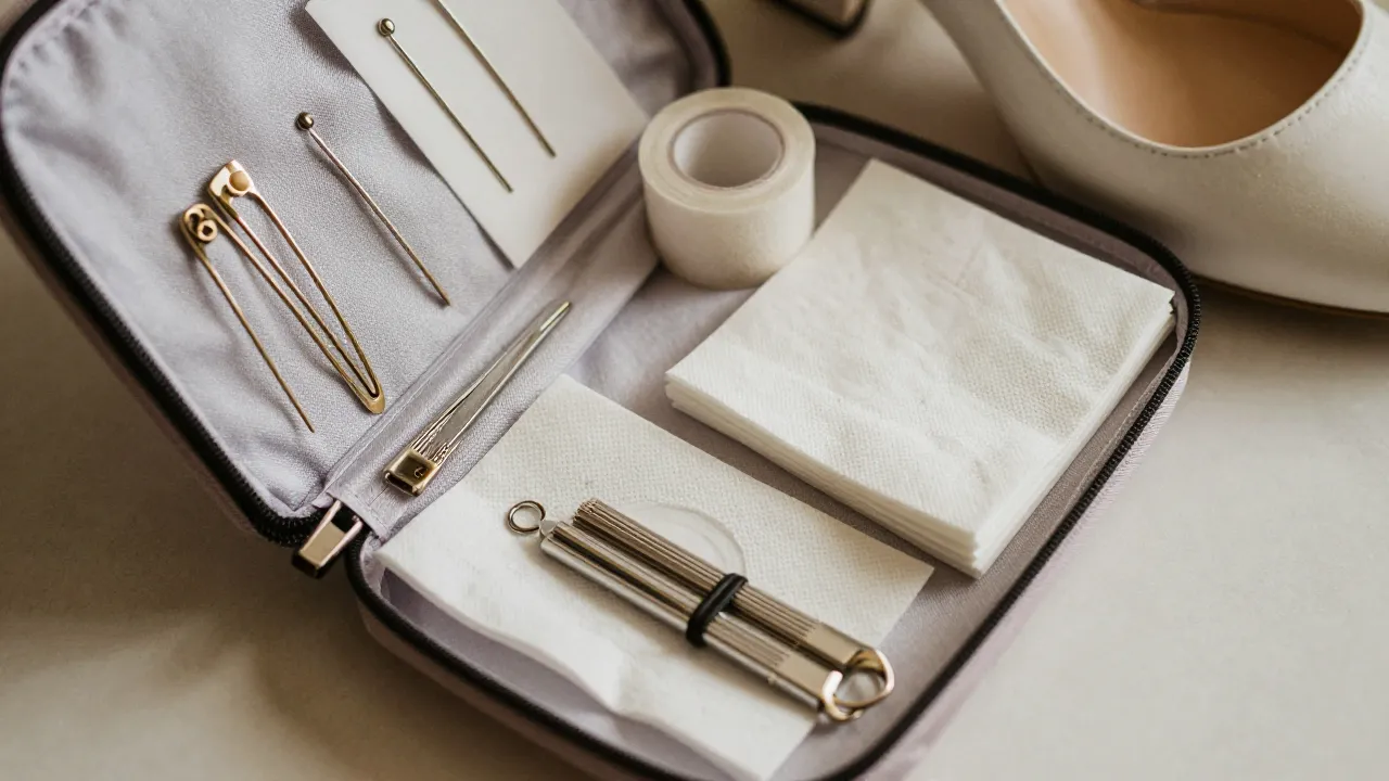 Curated wedding day emergency kit with bobby pins, fashion tape, and blotting papers in personalized pouch