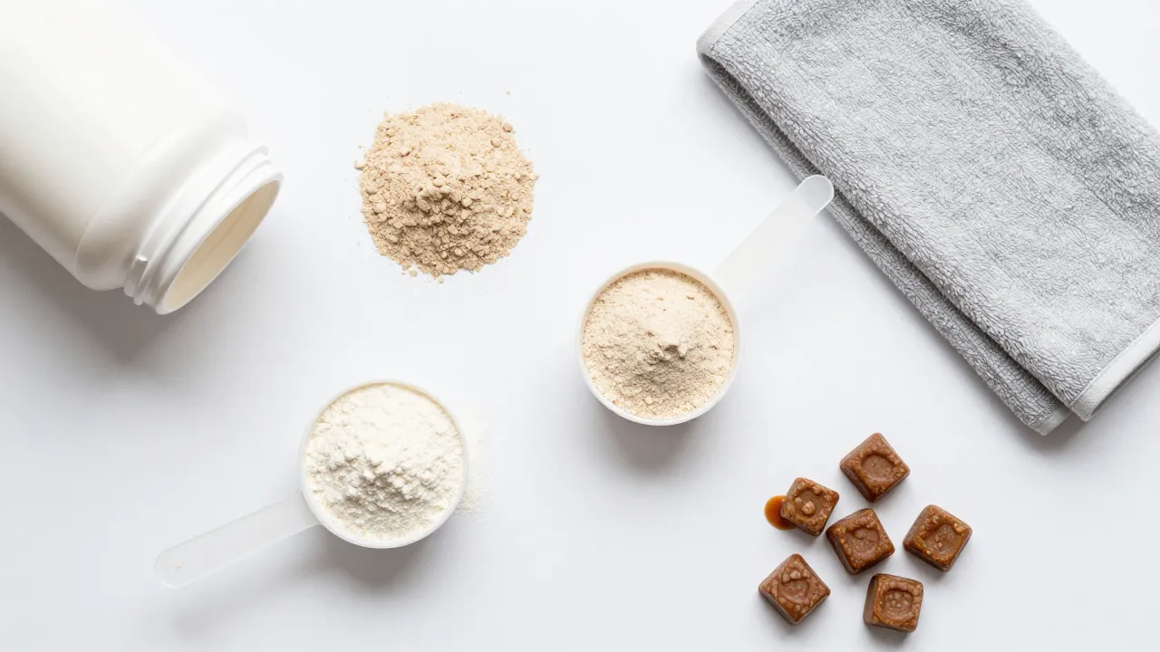 Protein supplement scoops with different flavored powders, fitness snacks, and workout towel