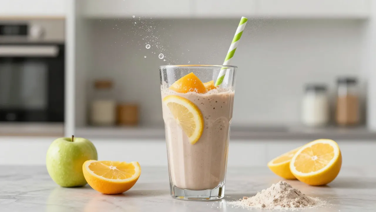 Protein shake being blended with fresh fruits and protein powder in bright modern kitchen
