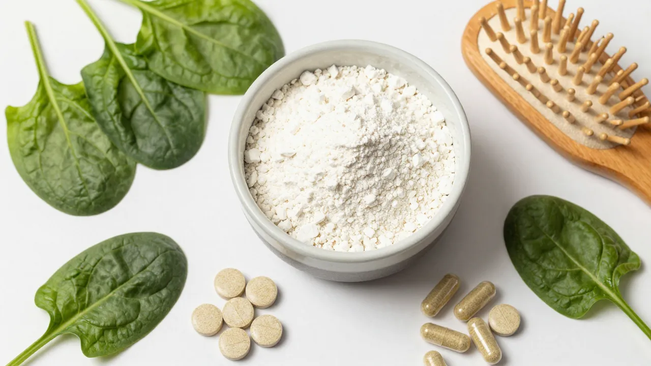 Hair health supplements flat-lay with biotin, collagen powder, zinc tablets, spinach, and hair brush