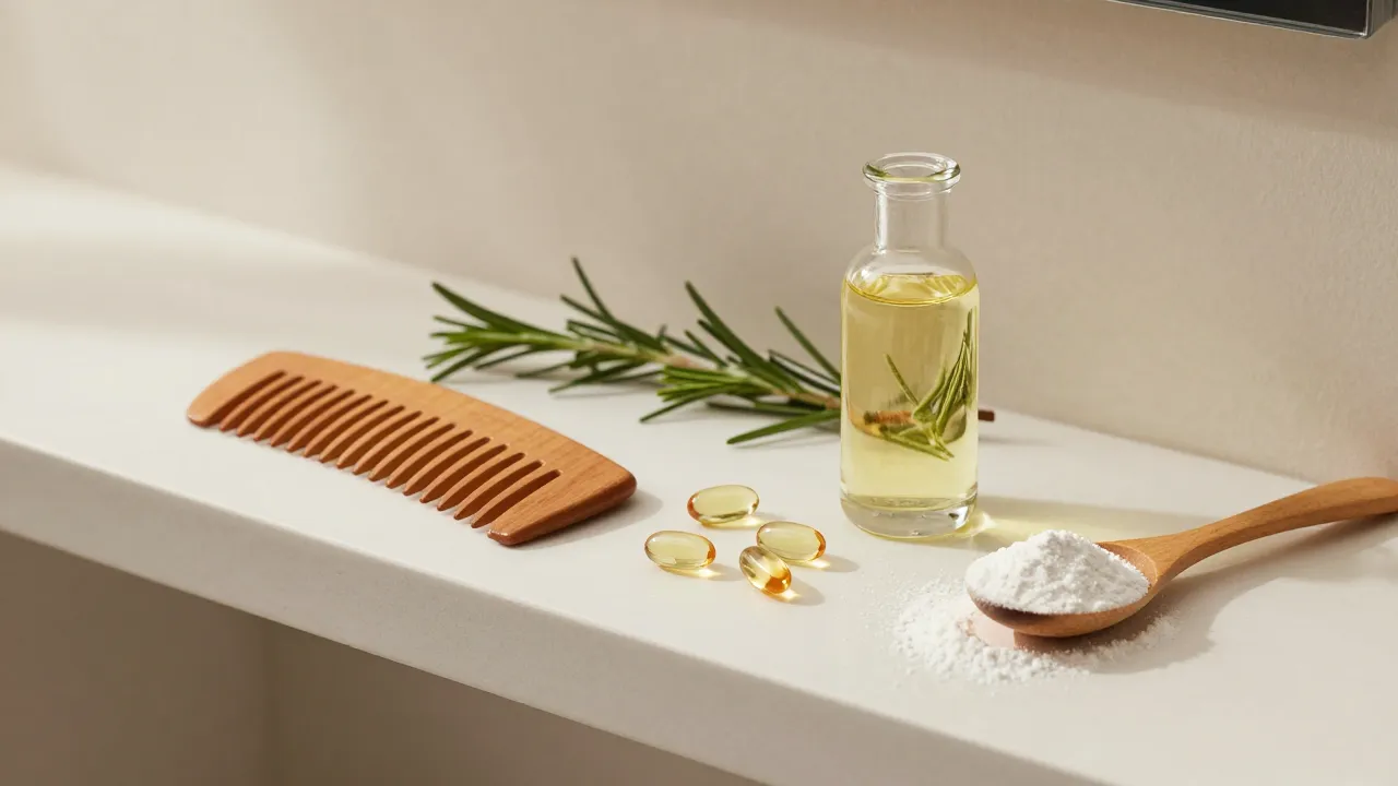 Hair care essentials for thinning hair — wooden comb, biotin capsules, rosemary oil, and collagen powder