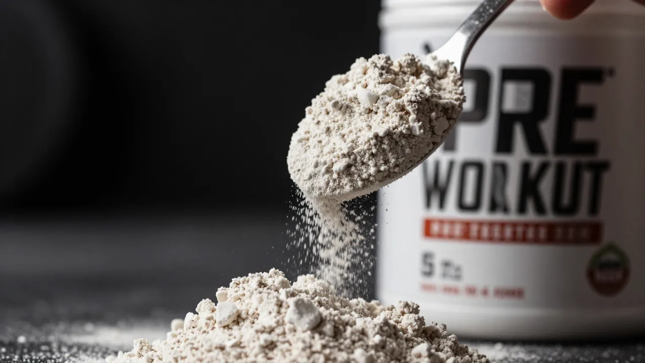 Close-up of pre-workout powder being scooped from container with ingredient label visible