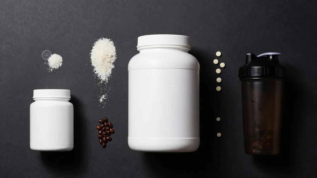 Various pre-workout supplements with scoops, shaker bottle, and caffeine pills for comparison