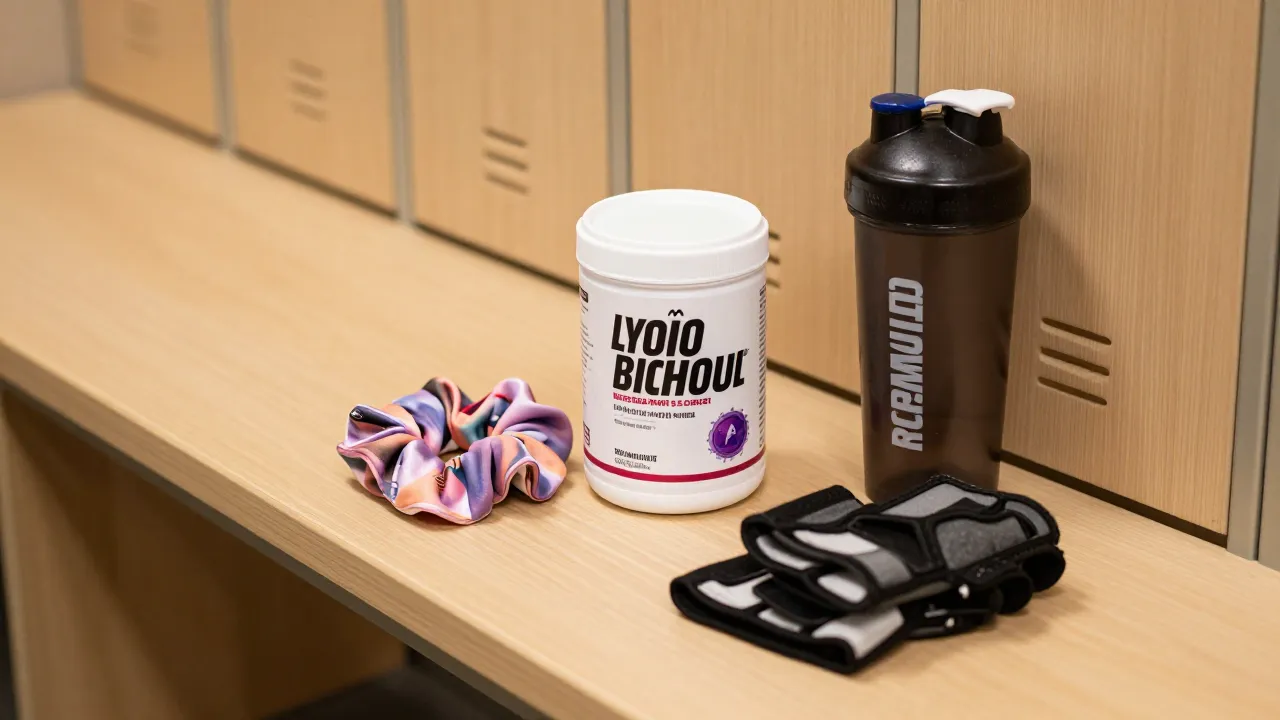 Gym accessories including scrunchie, lifting gloves, shaker bottle, and pre-workout on locker bench