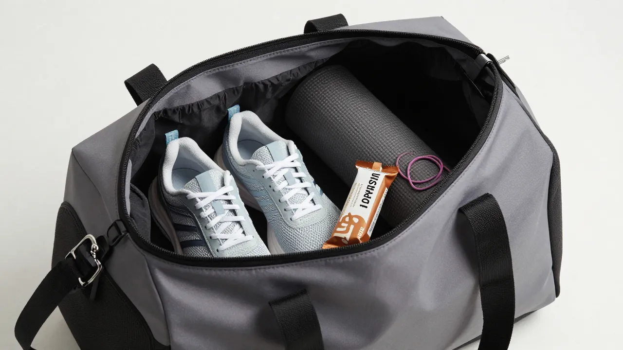 Neatly organized gym bag contents with sneakers, yoga mat, protein bar, and hair ties