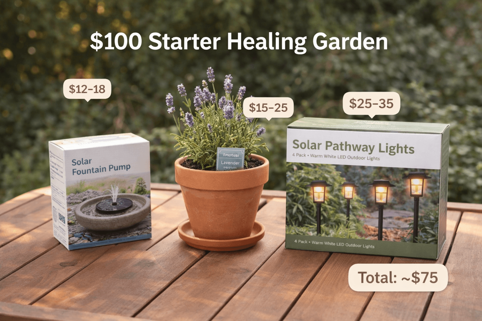 $100 starter healing garden product grouping: solar fountain pump, potted lavender, and solar pathway lights on a garden table