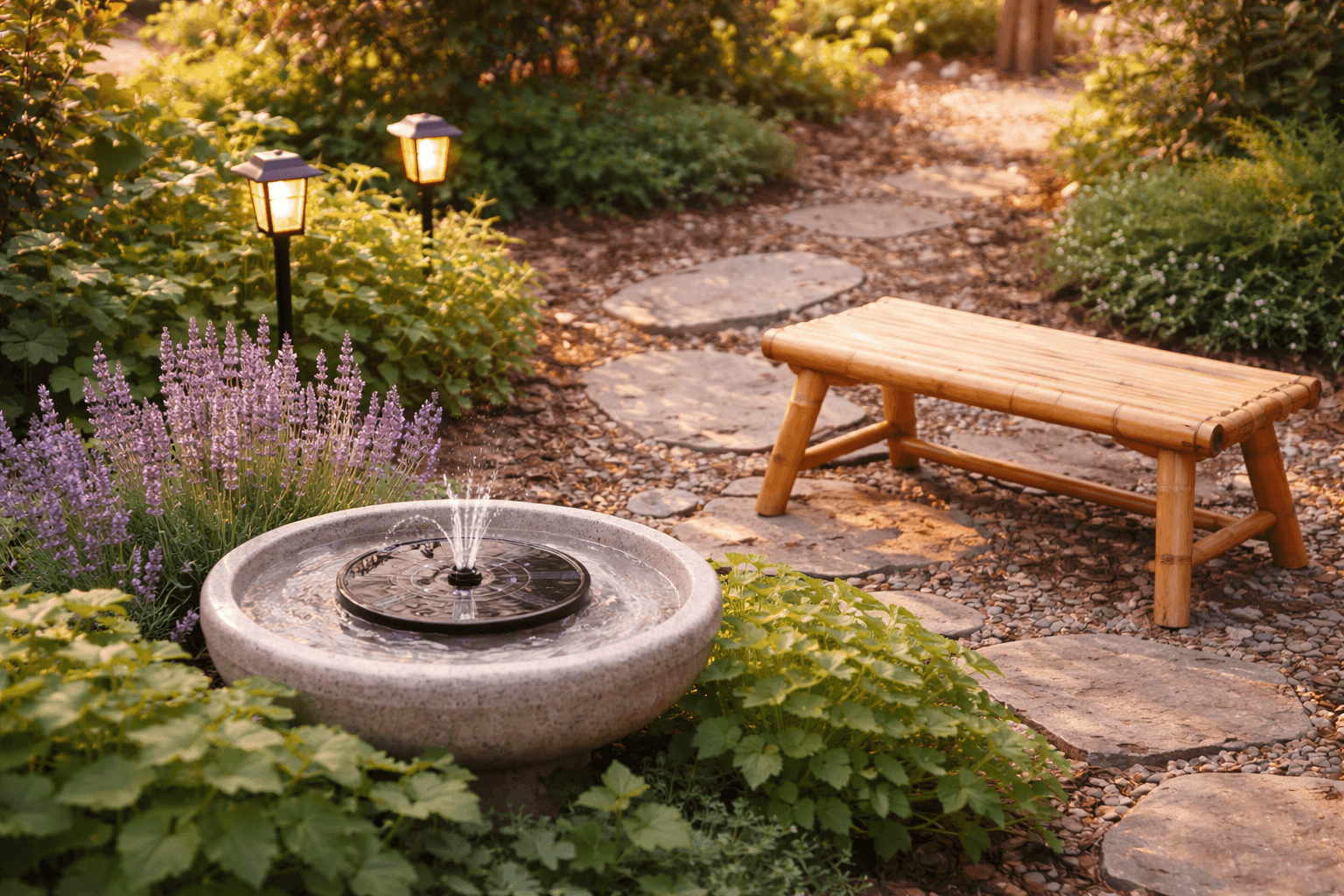 Golden-hour healing garden with stone birdbath solar fountain, lavender plants, bamboo meditation bench, stepping stone path, and warm solar lights