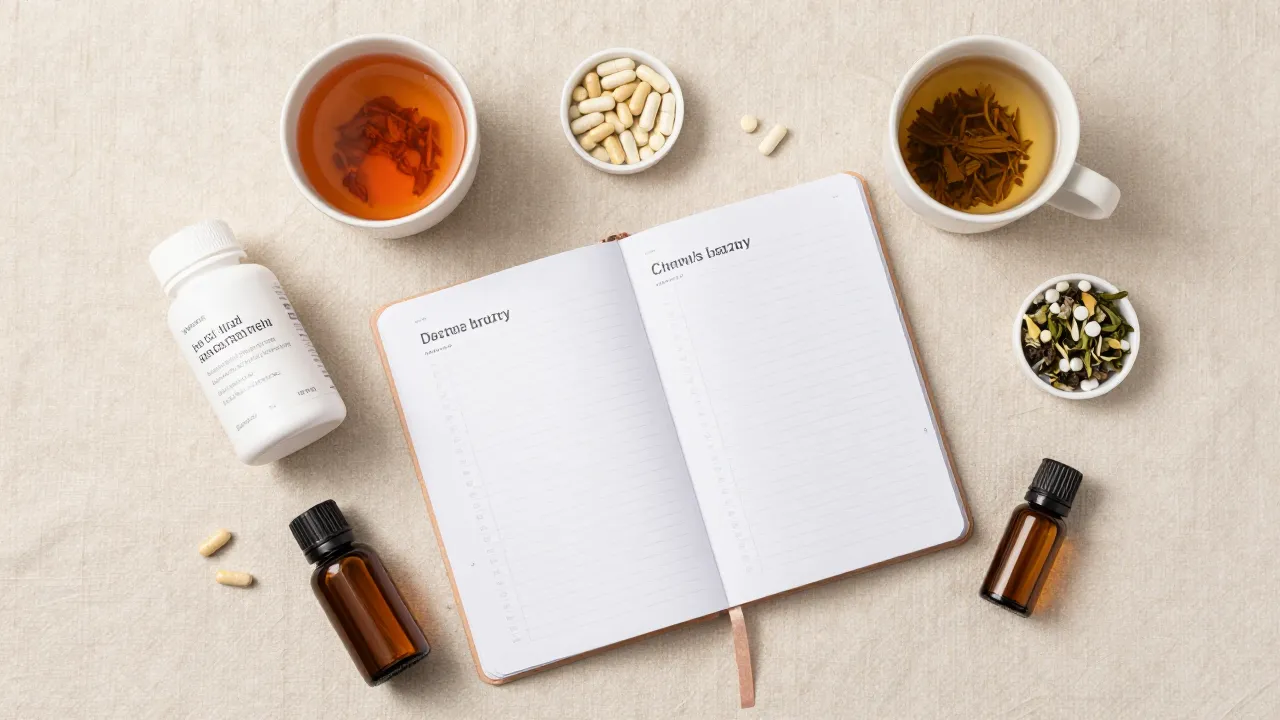 Women's hormone health essentials with supplements, herbal teas, and cycle tracking journal on blush linen