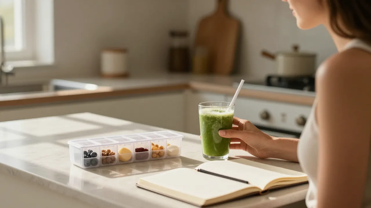 Woman's morning wellness routine with supplement organizer, smoothie, and journal on sunlit counter