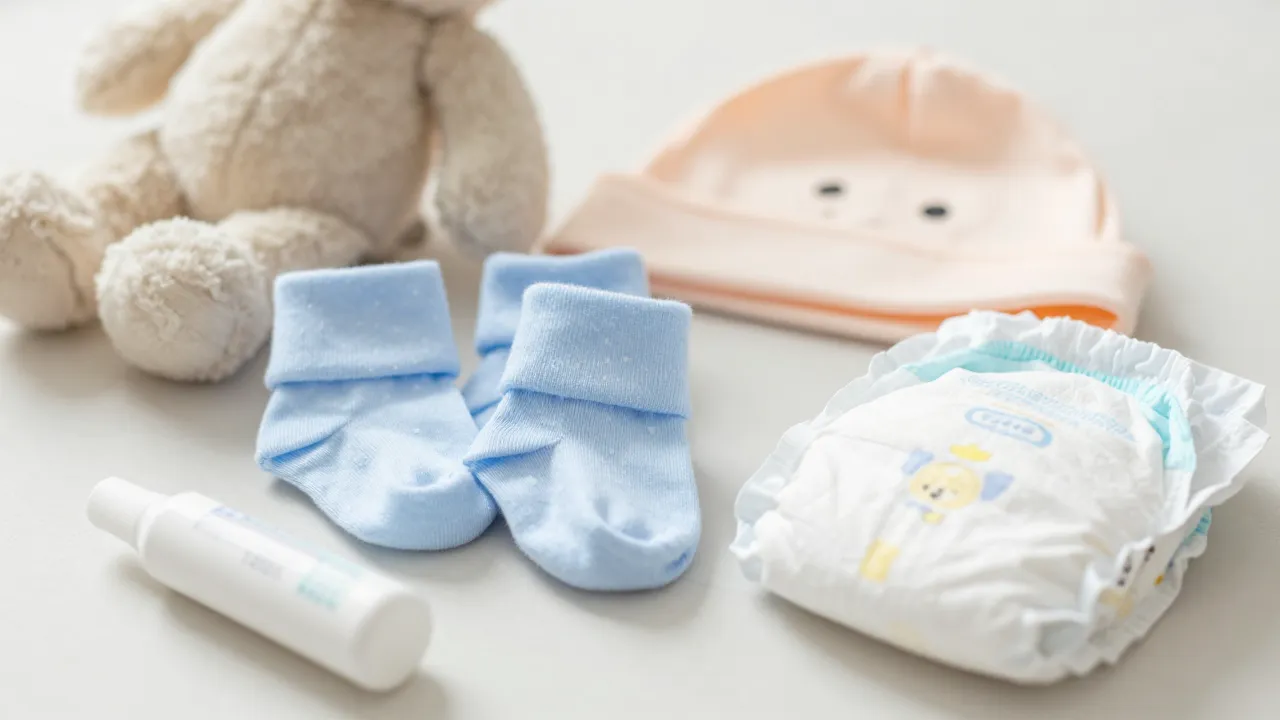 Newborn essentials including tiny socks, mittens, hat, and diaper cream next to stuffed animal