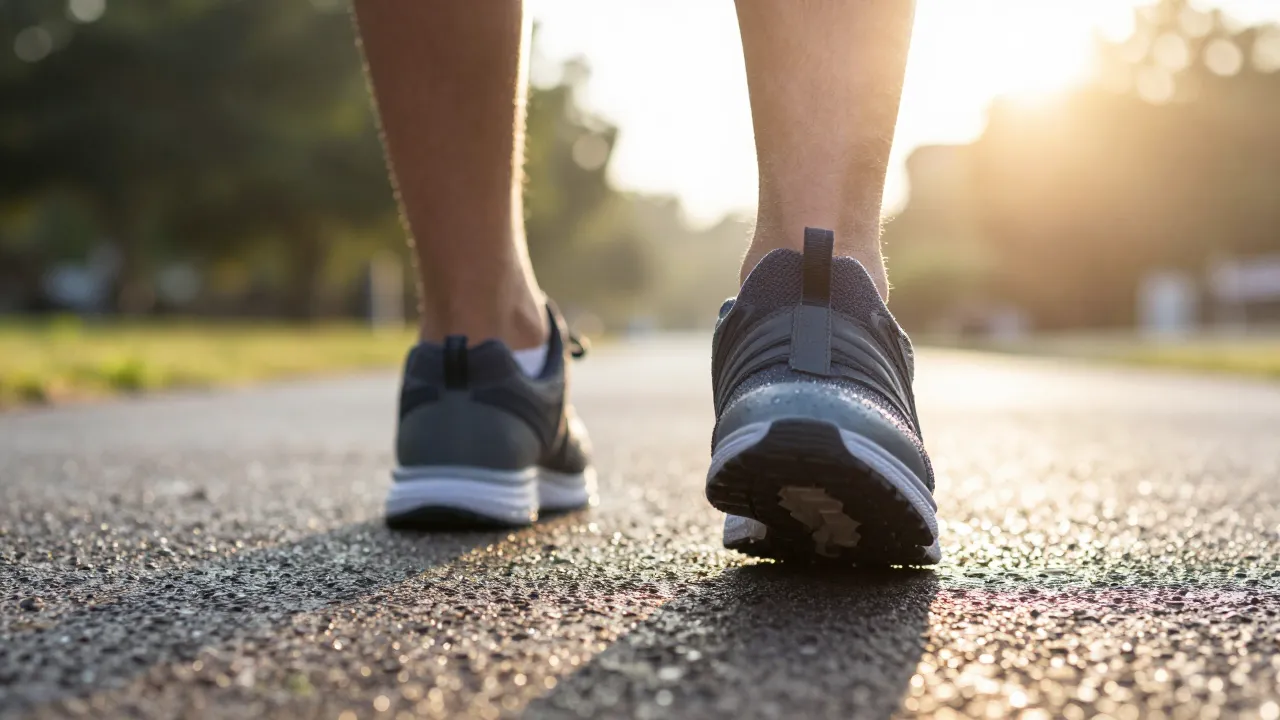 Close-up of walking shoes on pavement with morning dew and sun flare in background