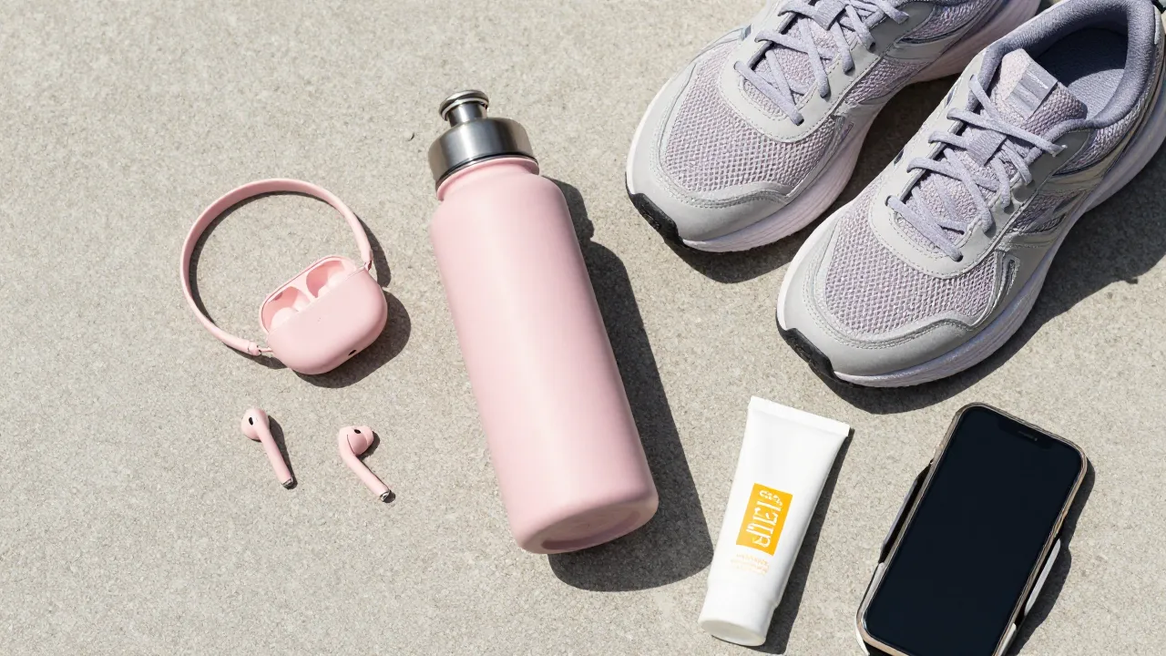 Hot girl walk essentials flat-lay: pink wireless earbuds, water bottle, sneakers, cap, and phone armband