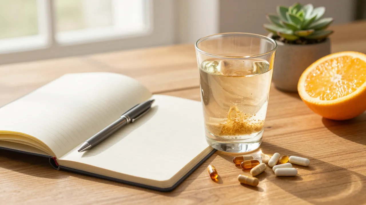 Morning wellness routine with electrolyte water, loose capsules, fresh orange, and notebook on wooden table