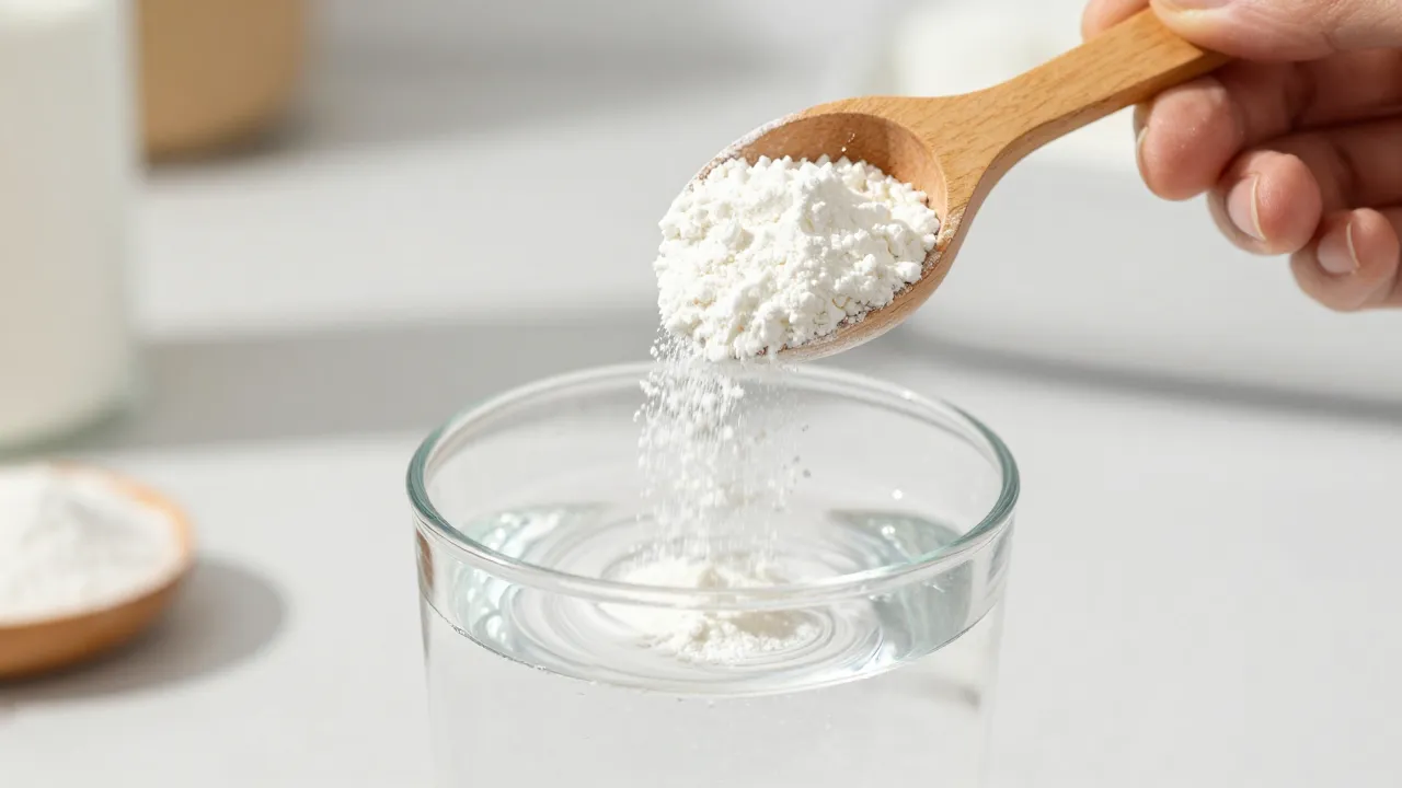 Close-up of white supplement powder being poured from a wooden scoop into a glass of water