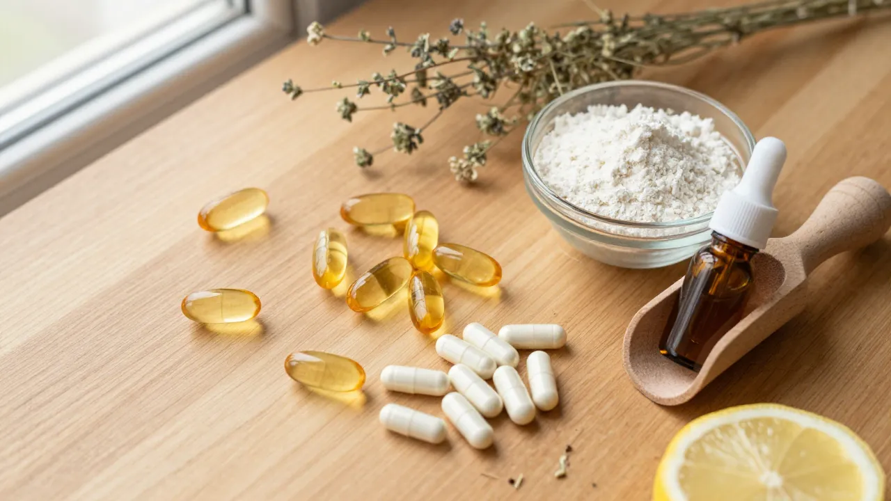 Overhead flat-lay of supplement capsules, fish oil softgels, powder, and herbs on warm oak surface