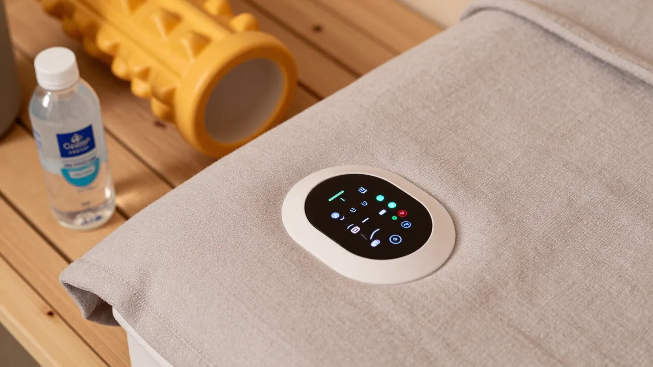 Infrared sauna blanket control panel with temperature settings alongside recovery tools