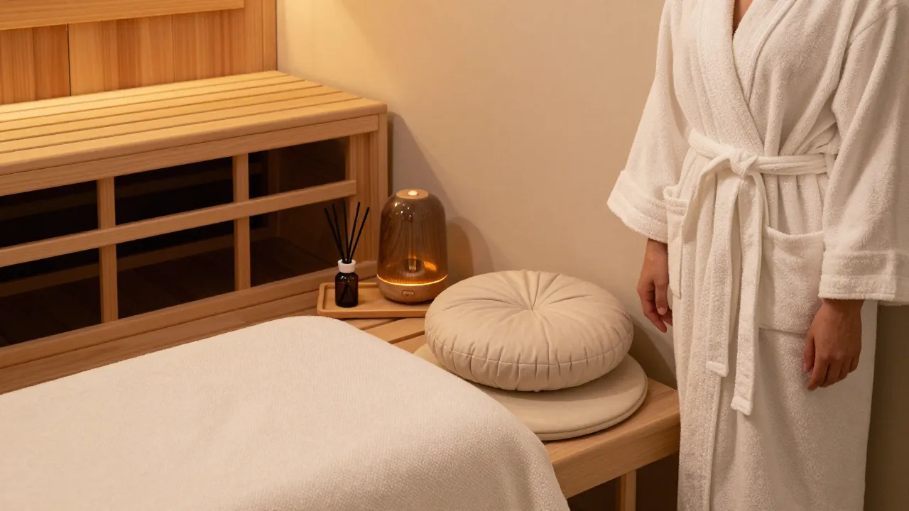 Home spa setup with infrared sauna blanket, meditation cushion, and essential oil diffuser