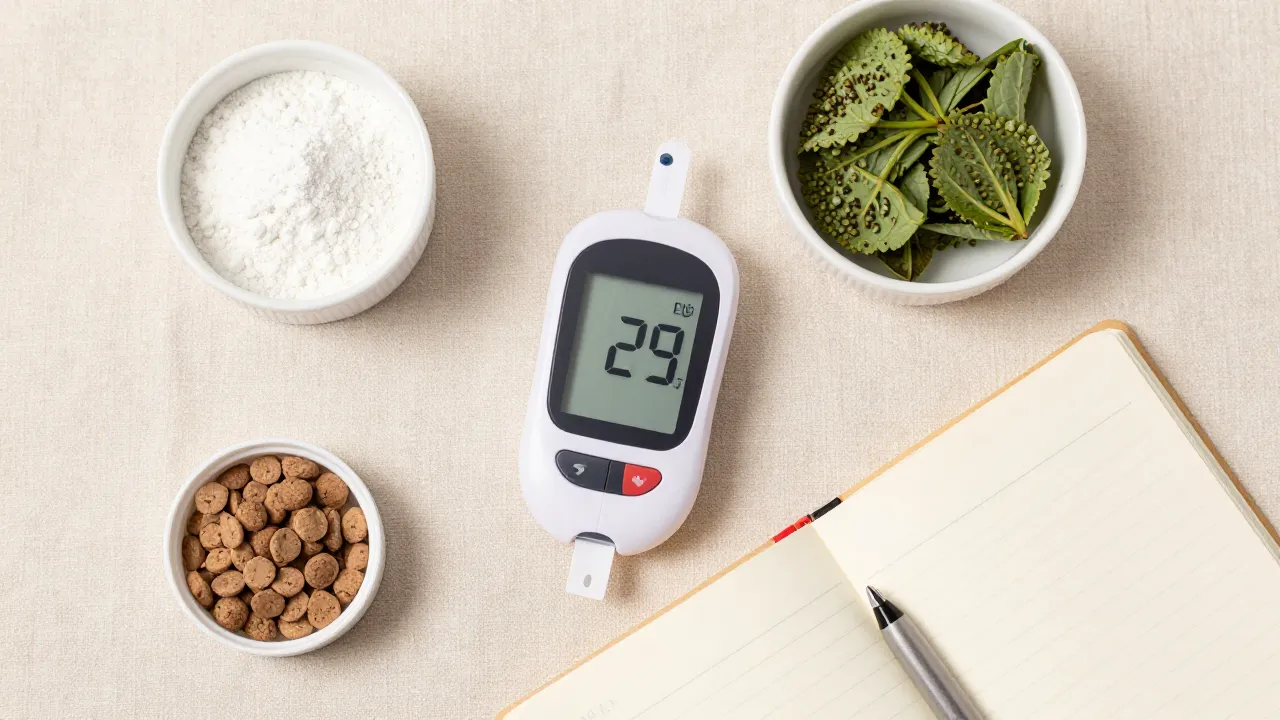 PCOS management essentials with myo-inositol powder, blood sugar monitor, and anti-inflammatory foods