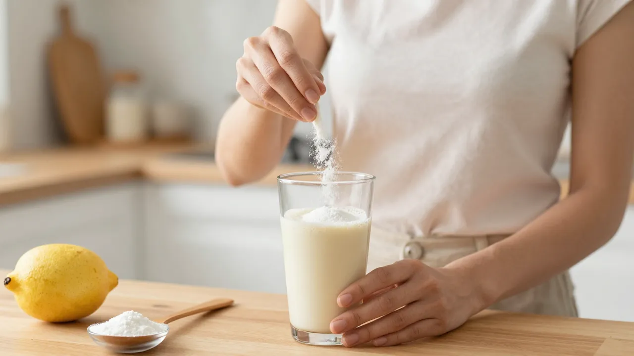 Woman mixing inositol powder into morning smoothie in bright kitchen