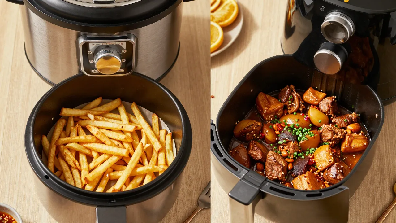Delicious meals from pressure cooker and air fryer side by side, crispy fries and tender stew