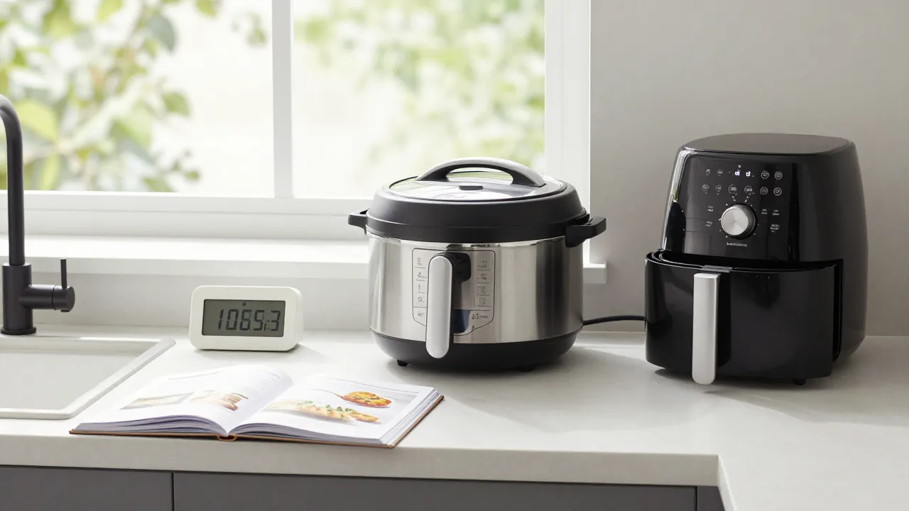 Modern kitchen countertop with cooking accessories alongside multi-cooker and air fryer appliances