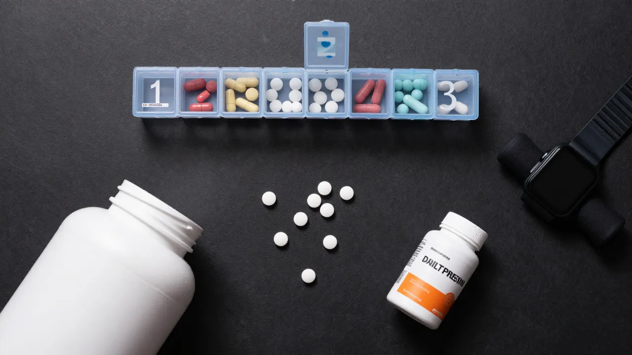 Men's daily supplement routine with pill organizer, protein powder, and nootropics on dark surface