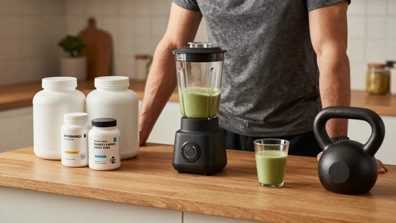 Man's morning supplement station with various bottles, blender with greens powder, and kettlebell