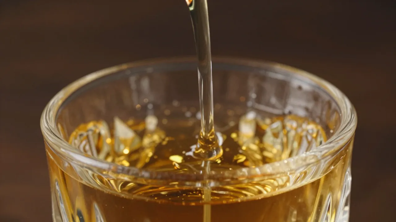 Golden perfume liquid being poured into crystal-cut glass vessel with light refracting through