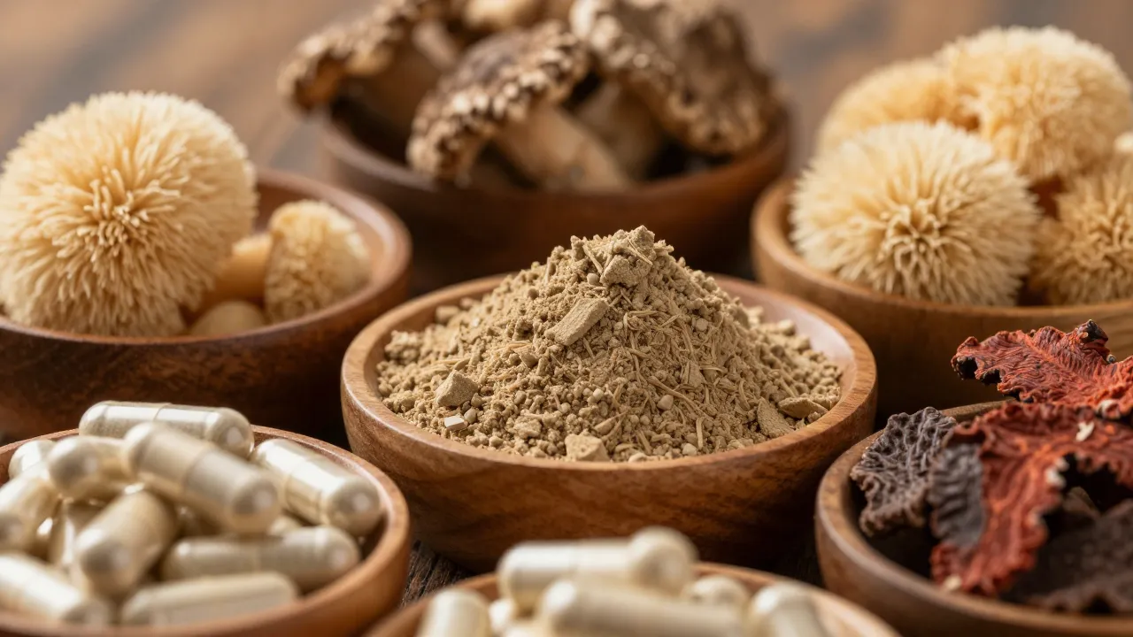 Medicinal mushroom powders in wooden bowls with capsules, lion's mane and reishi varieties