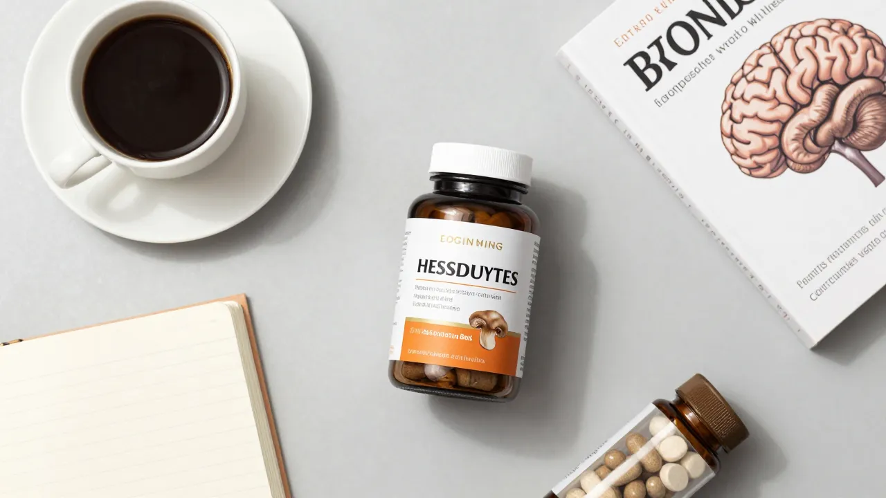 Mushroom supplement bottles with mushroom coffee, journal, and brain health books on cozy desk