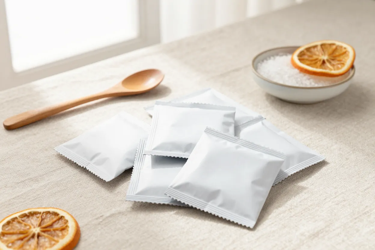 Scattered white paper packets on pale linen with wooden spoon and ceramic bowl of sea salt and dried citrus