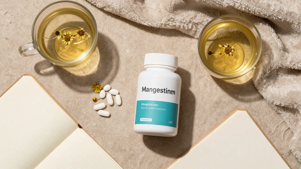Sleep supplements with chamomile tea, journal, and cozy blanket in bedtime routine setting