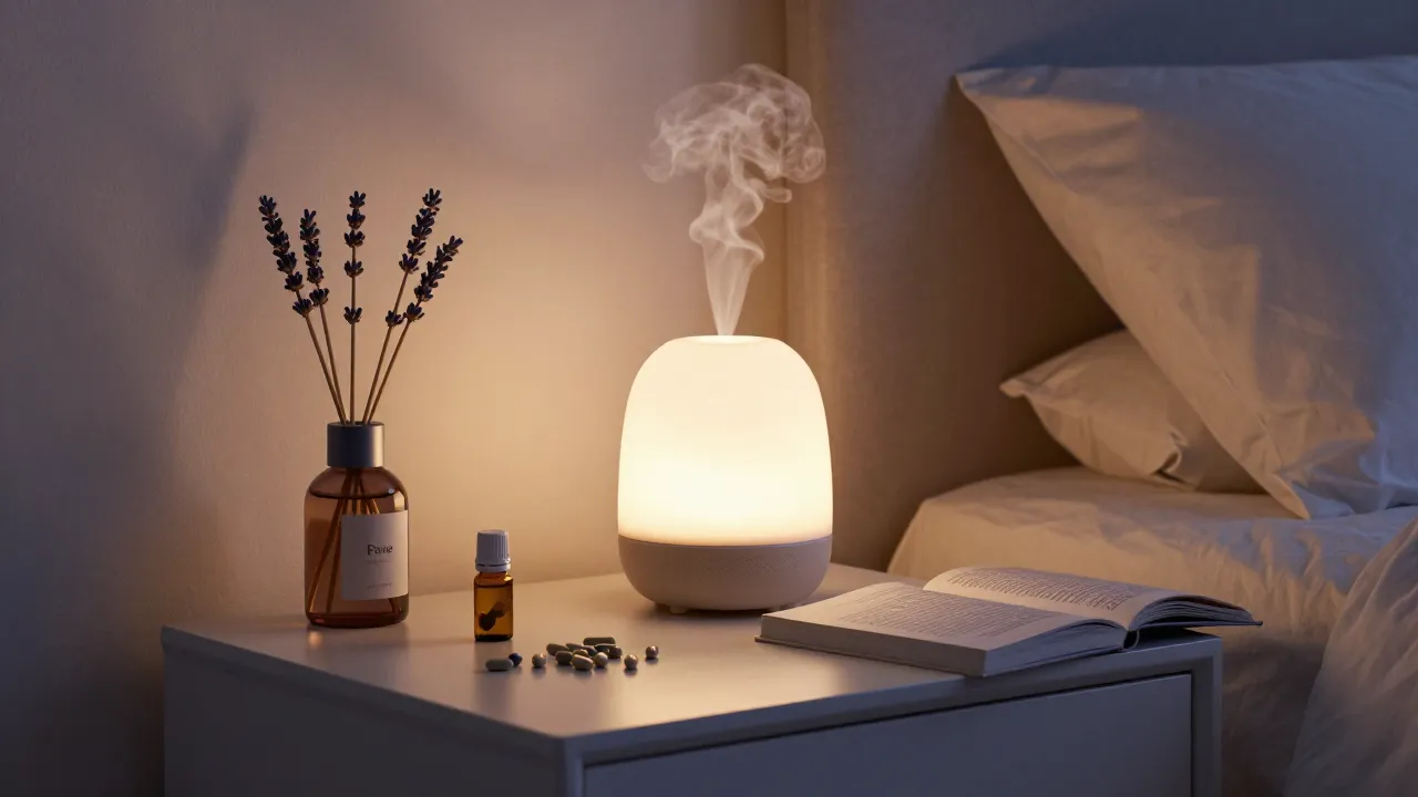 Serene bedroom nightstand with sleep supplements, essential oil diffuser, and book