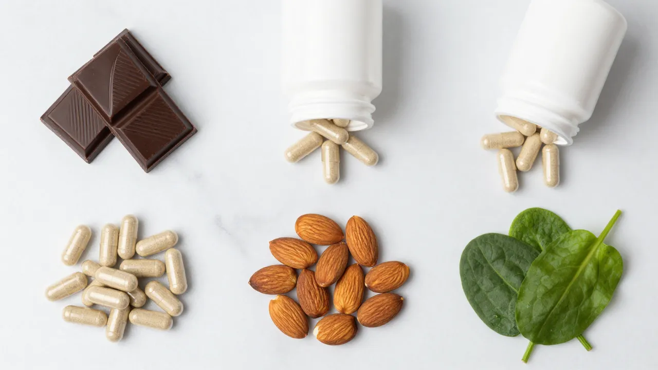 Magnesium capsules in three groups with magnesium-rich foods like dark chocolate and almonds