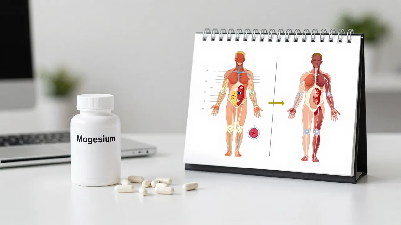 Magnesium supplements next to body systems diagram and measuring scale on modern desk