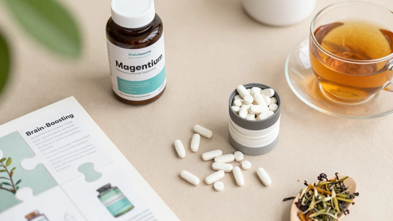 Brain-boosting supplements with magnesium forms, nootropic stack, and puzzle book on desk