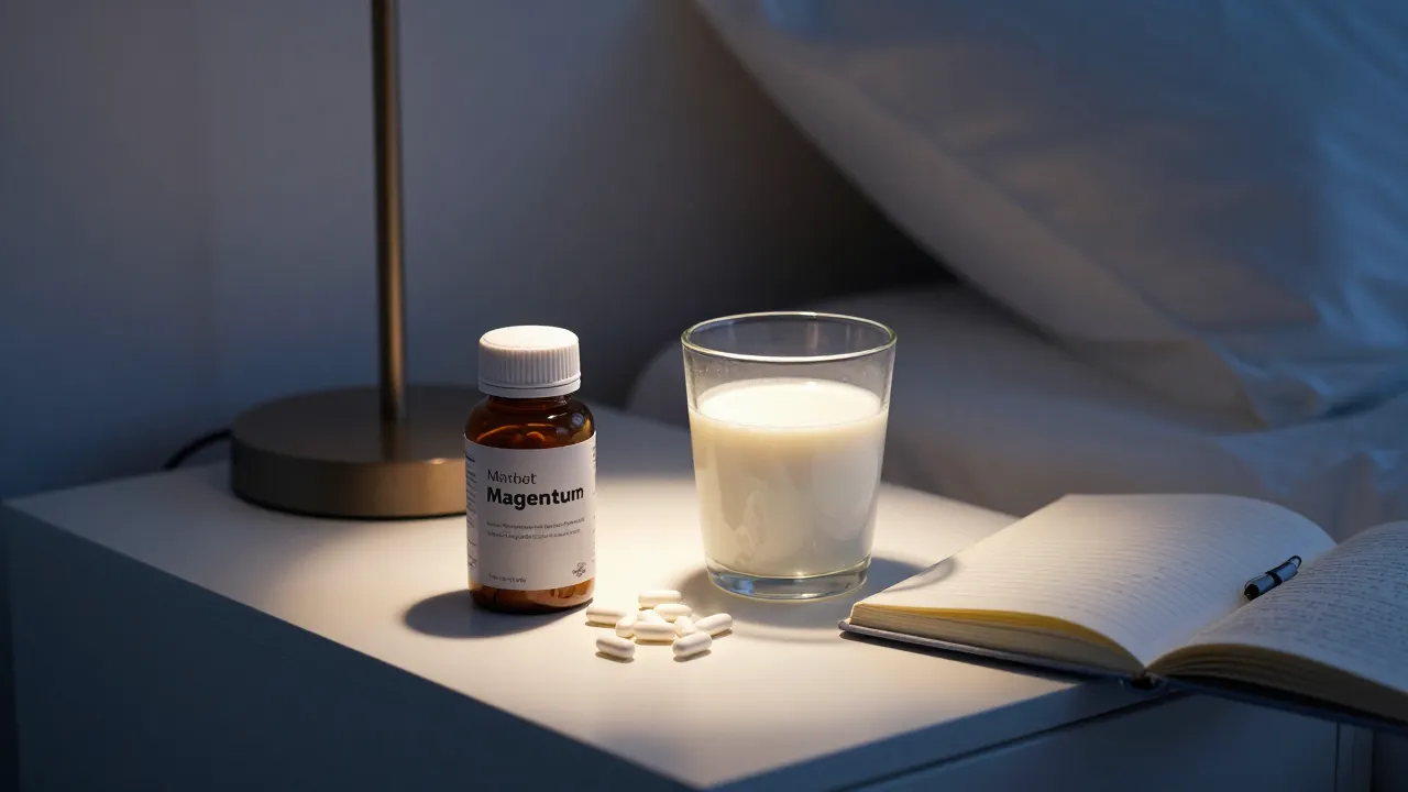 Calming bedtime scene with magnesium supplements, warm milk, journal, and dim lamp