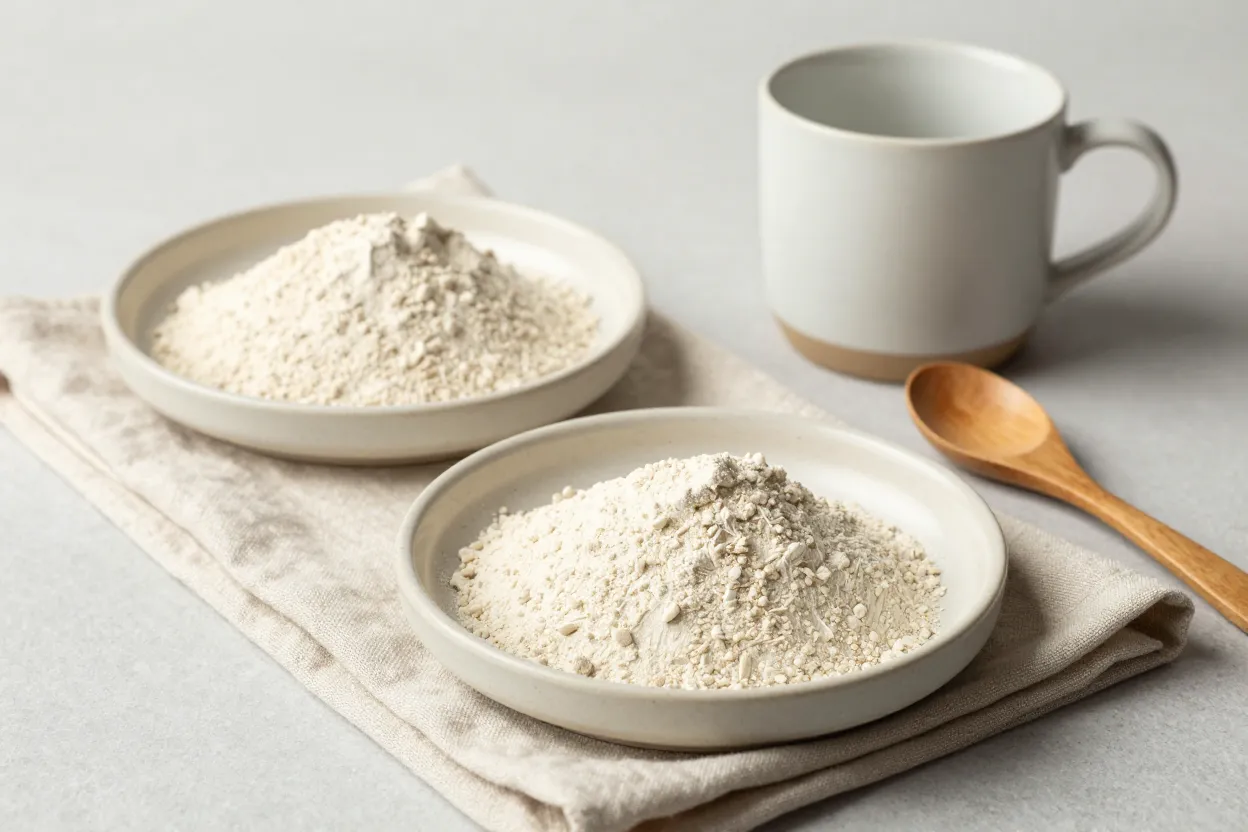 Two ceramic dishes of powder in contrasting cream tones on folded linen with wooden scoop and small ceramic mug