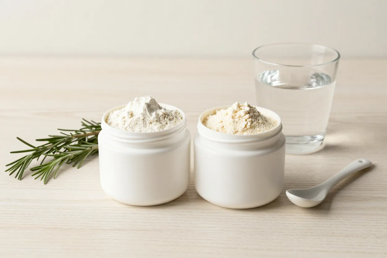 Two unlabeled white jars side by side on pale oak — one with cream powder, one with ivory powder — beside a glass of water, ceramic spoon, and dried rosemary