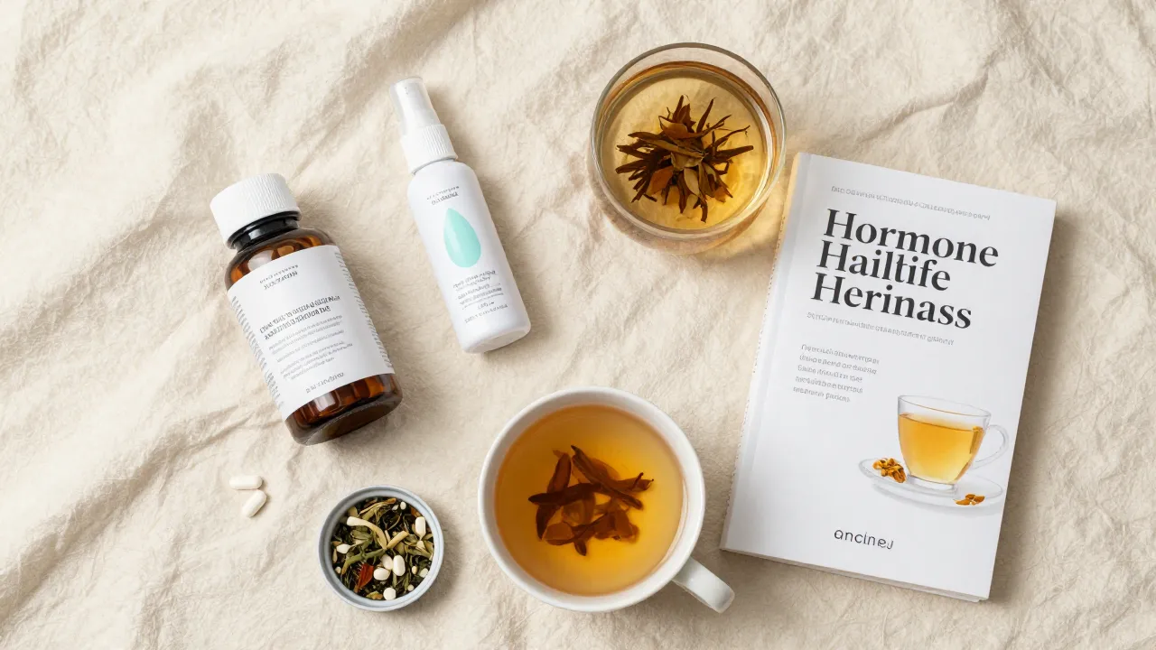 Menopause wellness essentials with supplements, cooling spray, herbal teas, and hormone health book