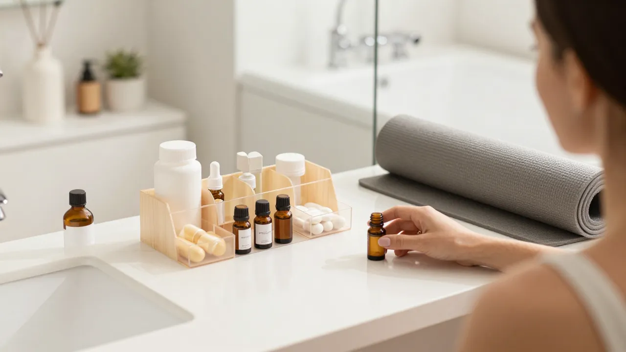Woman's self-care station with supplement organizer, yoga mat, and calming essential oils