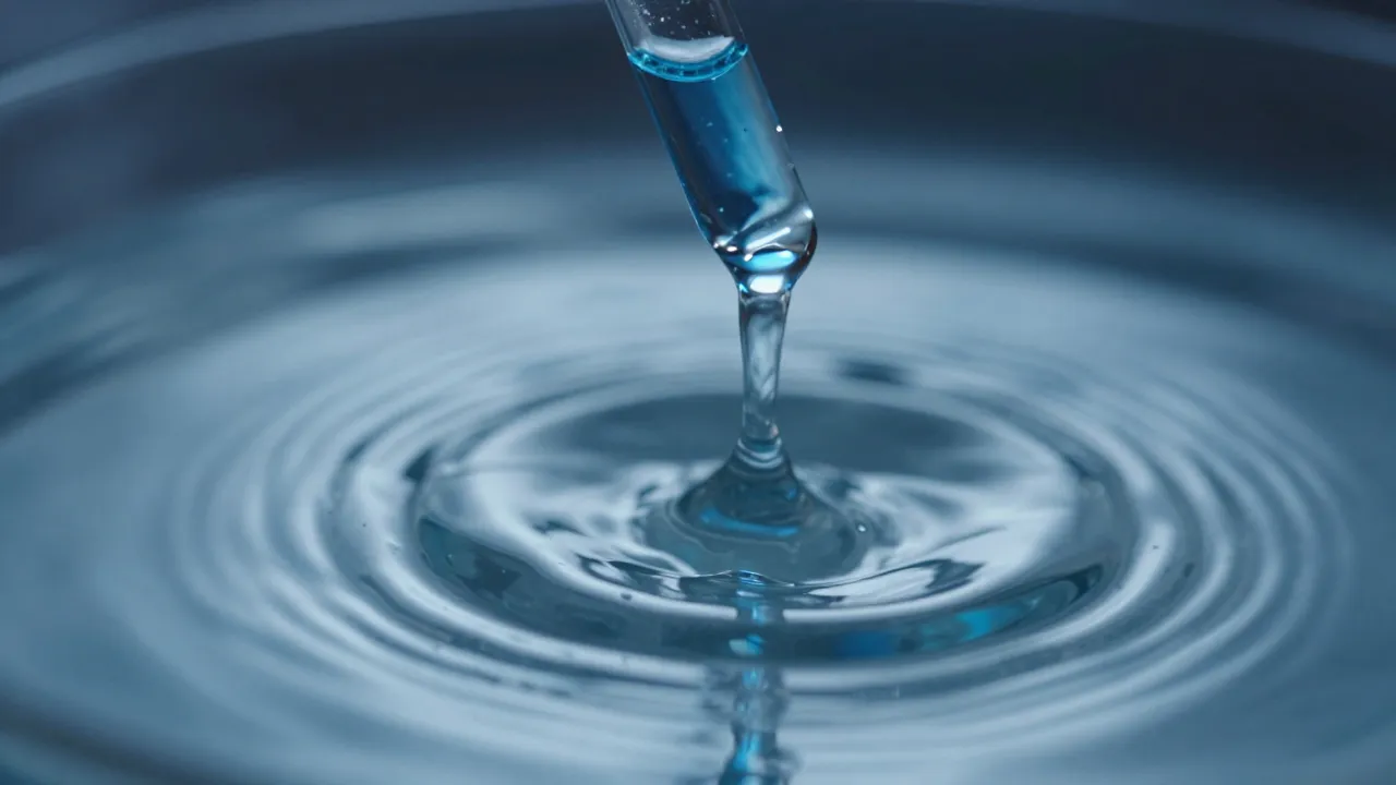 Blue liquid drops falling from glass dropper into water creating swirling patterns