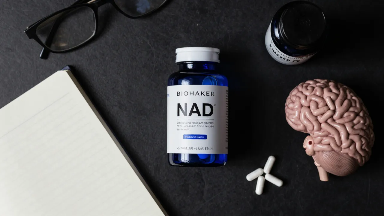 Biohacker nootropic stack with methylene blue bottle, NAD supplements, and brain journal