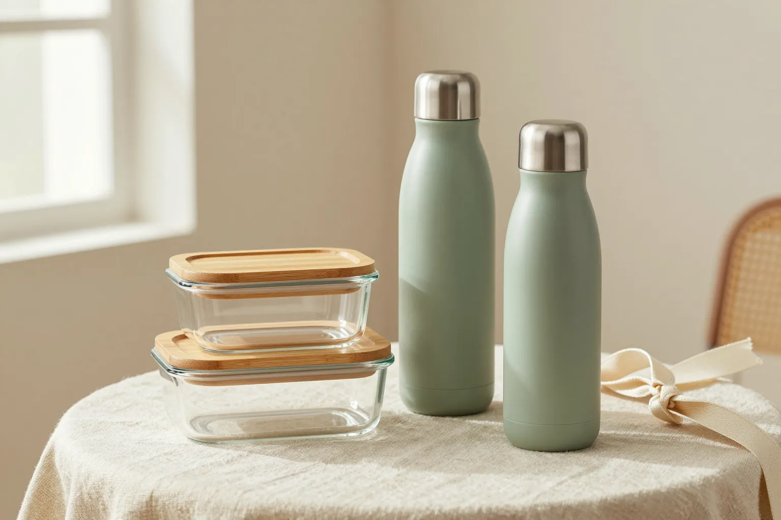 Stainless steel water bottles and glass lunch containers arranged as gift set with ribbon