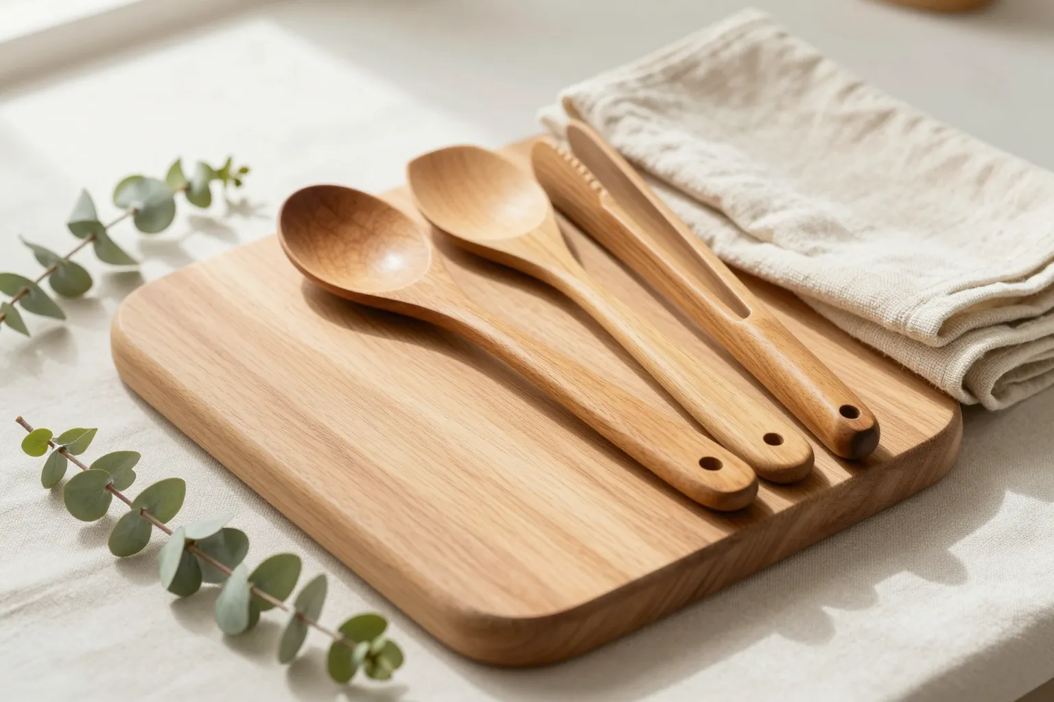 Natural fiber cutting board, wooden utensils, and organic cotton kitchen linens styled as gift