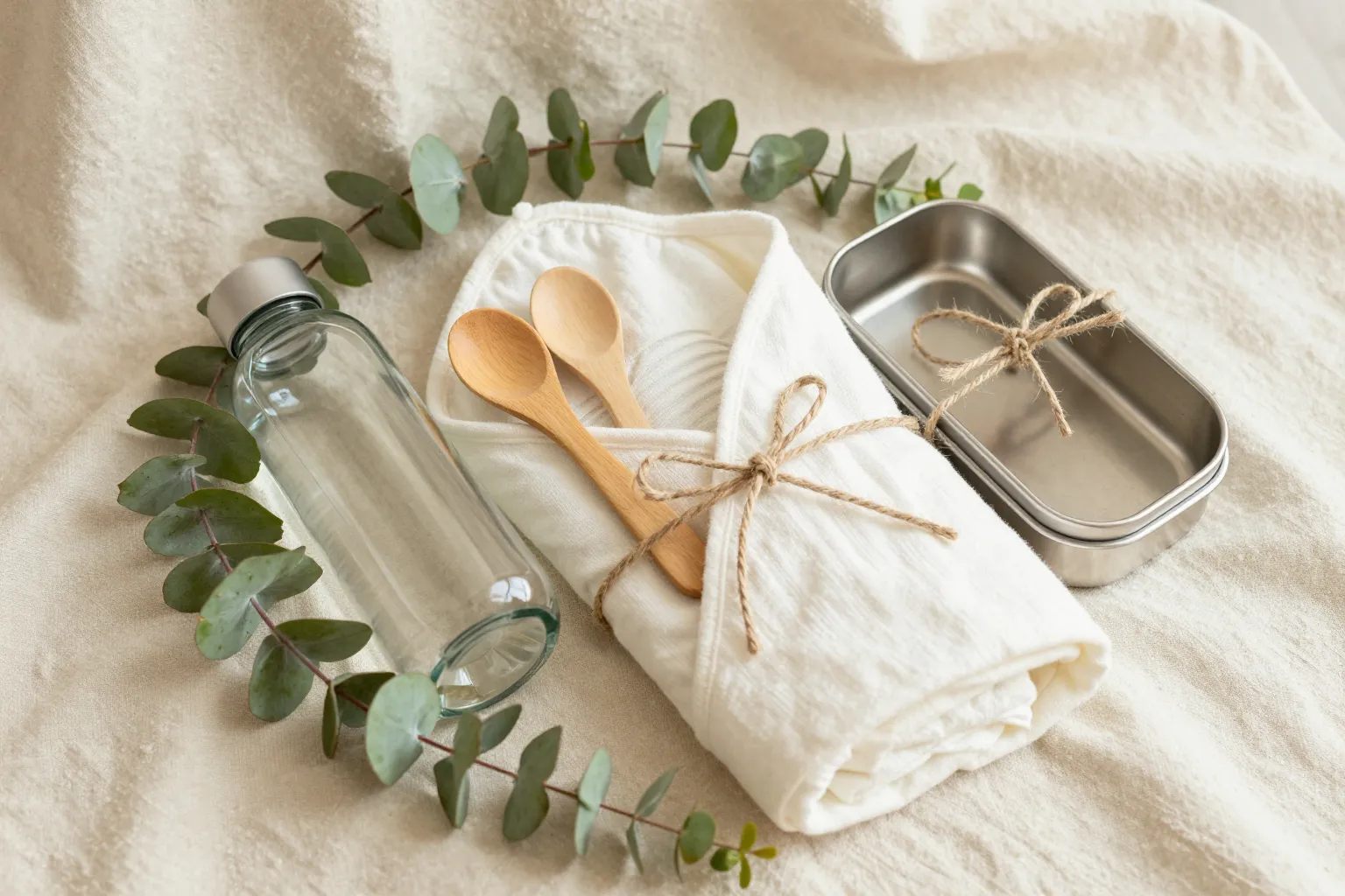 Gift-ready bundle of plastic-free family essentials on warm neutral backdrop with greenery