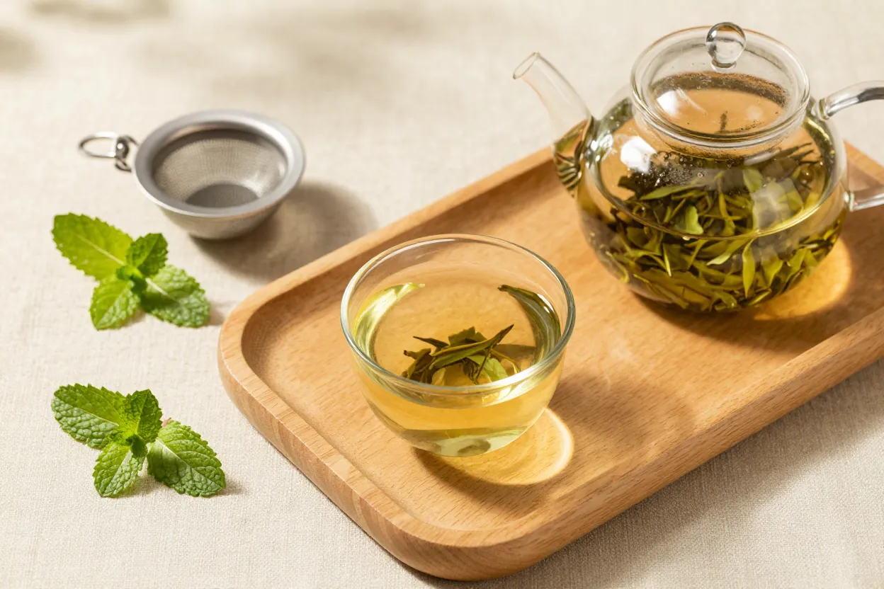 Clear glass teapot with loose leaf green tea and a ceramic strainer on a wooden tray